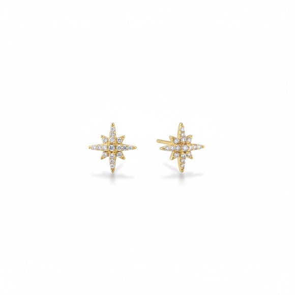new Pave Cubic Zirconia Polaris Stud Earrings ❉ 14KT Gold Plate Sterling Silver - Picture 3 of 16